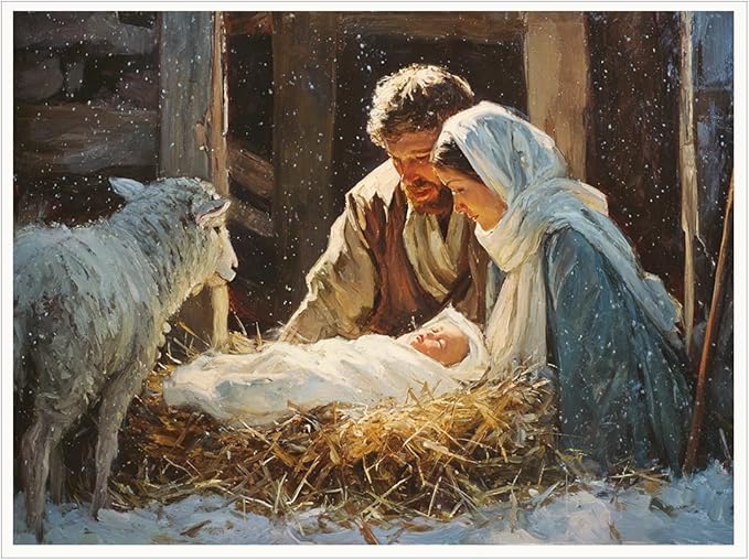 Nativity Wall Art – Holy Family Christmas Canvas Print, Baby Jesus in Manger Religious Christian Painting, Biblical Holiday Decor for Living Room 12x16in Unframed