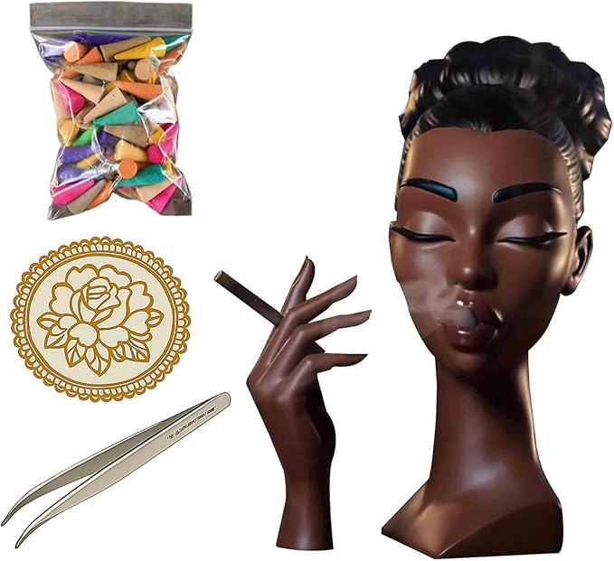 Head Incense Burner Black Woman, Funny and Elegant Head Scents Burner Black Women Facial Decoration, Waterfall Headscents Incense Holder, Ideal for Home Decor and Relaxation (A, Normal)