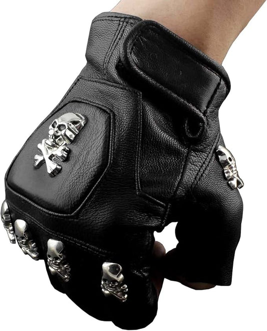 Mens Real Leather Skull Punk Rocker Driving Motorcycle Biker Fingerless Gloves