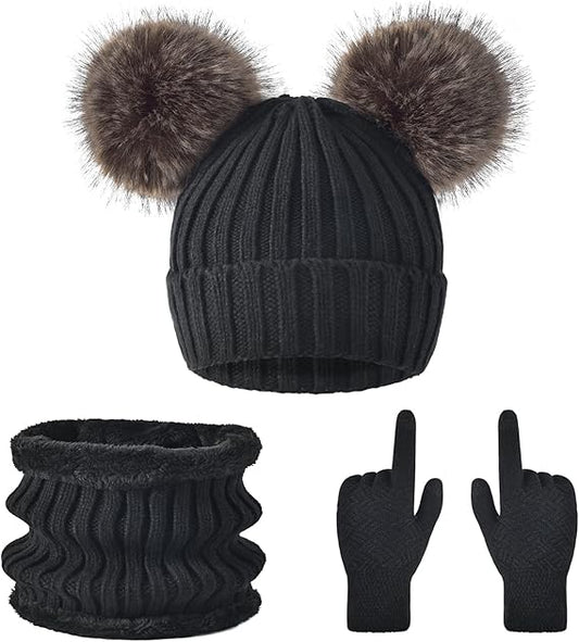 3 Pcs Women Winter Knit Beanie Hat Scarf Touchscreen Gloves Set Warm Soft Thick Fleece Lined Skull Cap with Double Pom Pom
