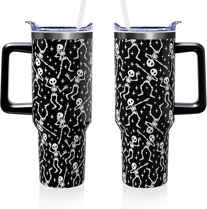 Halloween Goth Skeleton 40 oz Tumbler with Lid Handle and Straw Spooky Gothic Skull Stainless Steel Double Walled Insulated Cups Halloween Travel Mug Gifts for Men and Women (1PC)