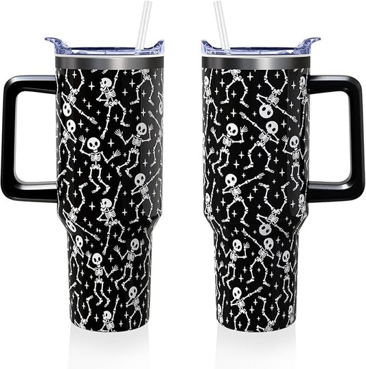Halloween Goth Skeleton 40 oz Tumbler with Lid Handle and Straw Spooky Gothic Skull Stainless Steel Double Walled Insulated Cups Halloween Travel Mug Gifts for Men and Women (1PC)