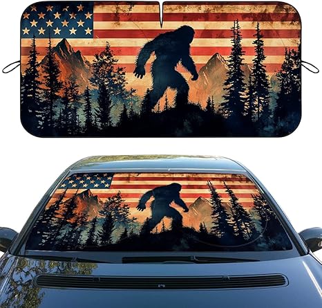 Bigfoot Mountain Car Windshield Sun Shade - American Flag Heatshield Blocks UV Rays Sun Visor Protector for Sedan, Truck, SUV - 59" L x 31.5" W