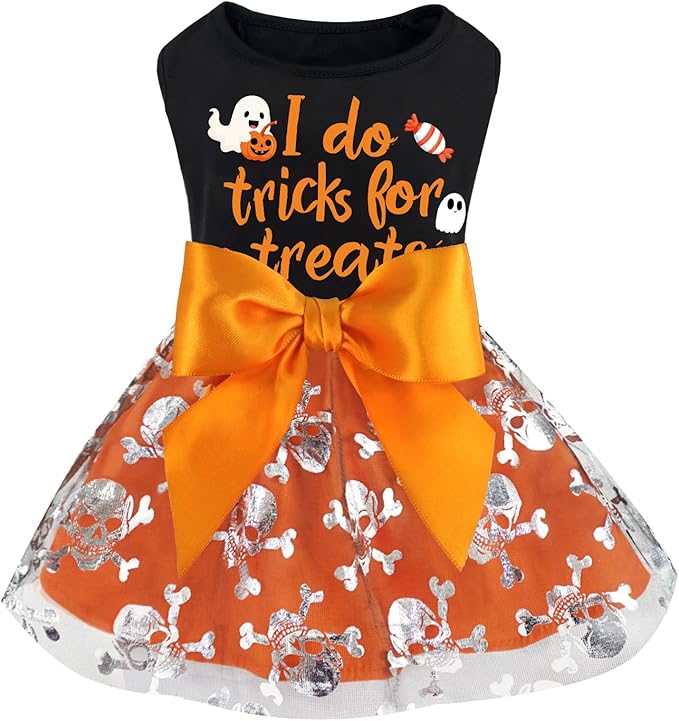 XPUDAC Halloween Dog Dress Costumes for Small Dogs Girl Tulle Dress Dog Clothes Skull Holiday Pet Costume Cat Outfits, Orange-Small