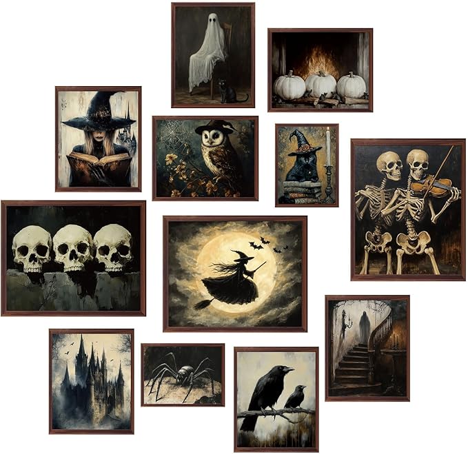 JarThenaAMCS 12 Pcs Halloween Dark Wall Art Prints Witch Crow Cat Skull Paper Posters Witchy Picture Decoration for Home Gallery Living Room Office, Unframed