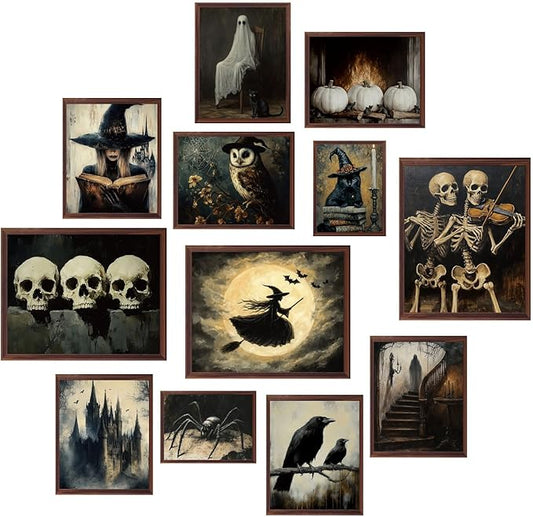 JarThenaAMCS 12 Pcs Halloween Dark Wall Art Prints Witch Crow Cat Skull Paper Posters Witchy Picture Decoration for Home Gallery Living Room Office, Unframed