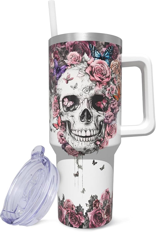 40 oz Tumbler with Handle and Straw, Stainless Steel Insulated Skull Tumbler 40 oz, Reusable Skull Coffee Mug with Leak Proof Lid, Skull Gifts for Women