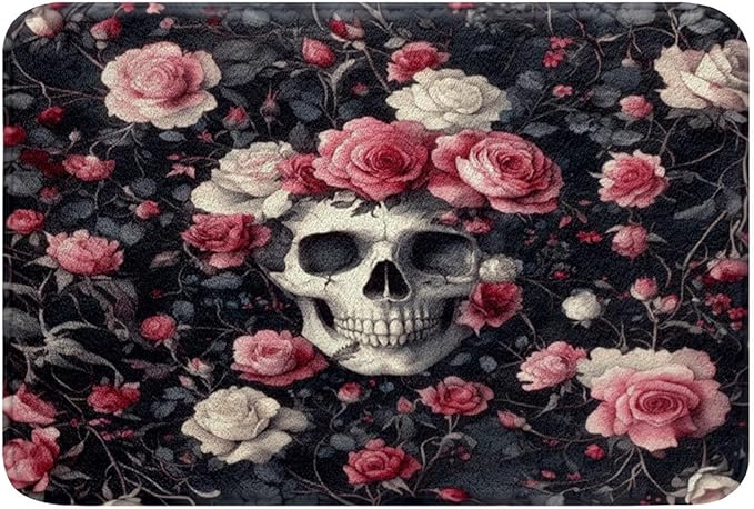 Feelyou Skull Bathroom Rugs 16"x24" Rose Bath Rugs for Shower Tub for Boys Girls Teens Gothic Skull Bath Mats for Bathroom Bones Bathroom Accossories Rose Grey Doormats Floor Mat