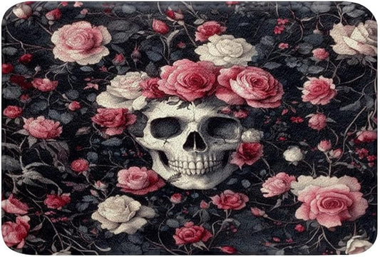 Feelyou Skull Bathroom Rugs 16"x24" Rose Bath Rugs for Shower Tub for Boys Girls Teens Gothic Skull Bath Mats for Bathroom Bones Bathroom Accossories Rose Grey Doormats Floor Mat