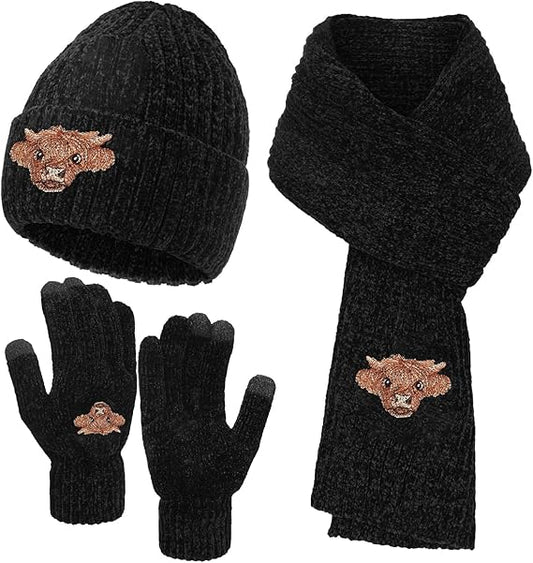 Winter Knit Warm Hat Beanie Long Scarf Touch Screen Gloves Set Neck Scarves Skull Cap for Women Men