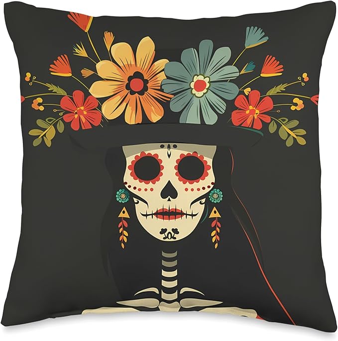 Minimalist Day of the Dead Art - Chic Sugar Skull Design Throw Pillow