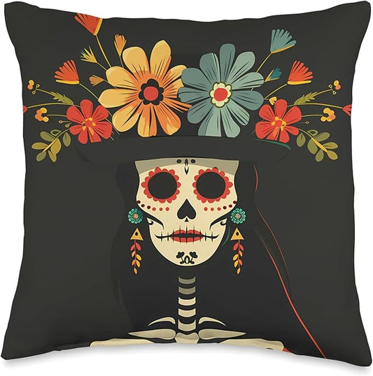 Minimalist Day of the Dead Art - Chic Sugar Skull Design Throw Pillow