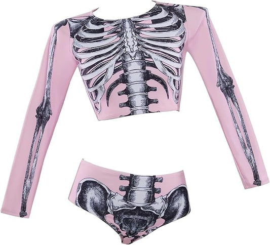 Women Pink Skeleton Rash Guard Shirt with Bottom Goth Two Piece Swimsuit Skull Bikini Set