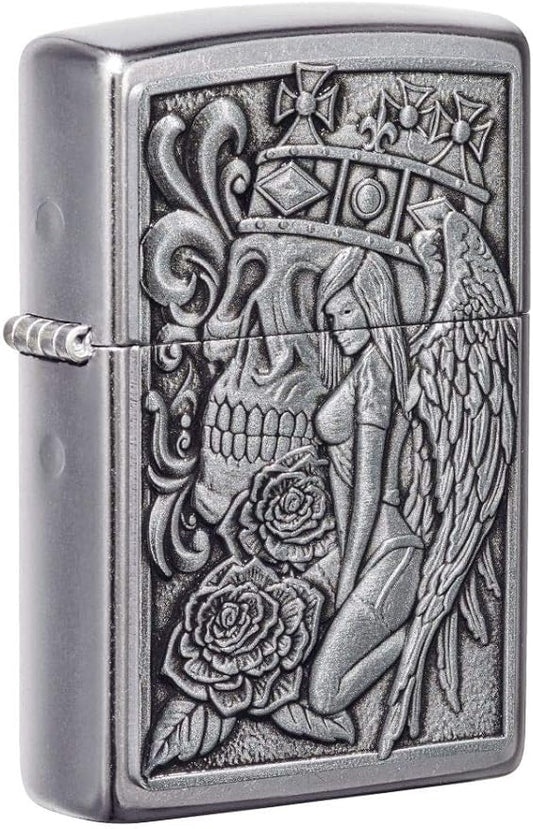 Zippo Skull and Angel Emblem Street Chrome Pocket Lighter