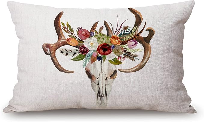 Solekla Watercolor Floral Boho Deer Skull Cotton Linen Decorative Throw Pillow Case Cushion Cover Pillowcase for Couch Sofa Bed,12 X 20 Inches