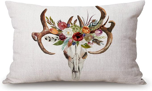 Solekla Watercolor Floral Boho Deer Skull Cotton Linen Decorative Throw Pillow Case Cushion Cover Pillowcase for Couch Sofa Bed,12 X 20 Inches
