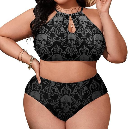Gothic Black Skull Plus Size Women's Bikini Swimsuits Set with Bra and Strappy Triangle Bikini