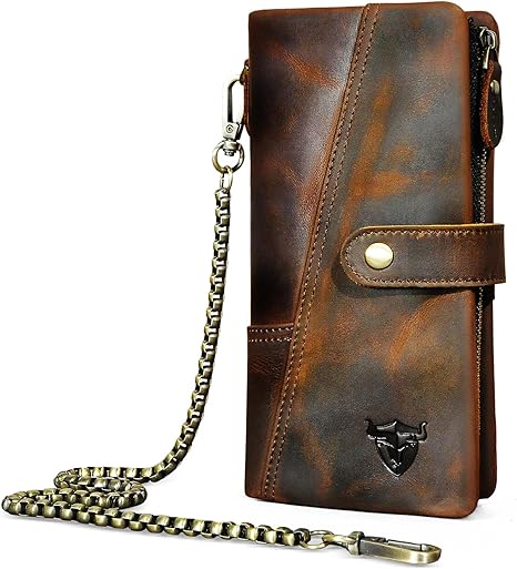 Genuine Crazy Horse Leather Travel Gift Coin Pocket Card Case Long Organizer Chain Rfid Wallet Purse With Snap For Men Male 1803 (1803 Brown)