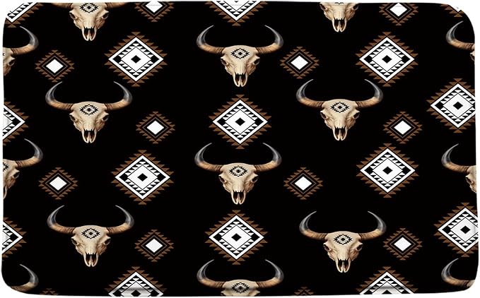 Western Aztec Bath Mat Boho Farmhouse Bull Skull Ethnic Native Tribal Southwest Cow Cowboy Bathroom Rug Floor Carpet