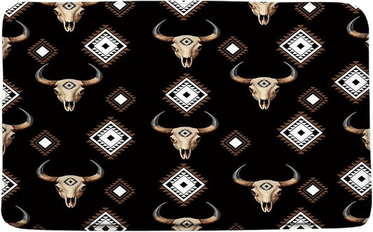 Western Aztec Bath Mat Boho Farmhouse Bull Skull Ethnic Native Tribal Southwest Cow Cowboy Bathroom Rug Floor Carpet