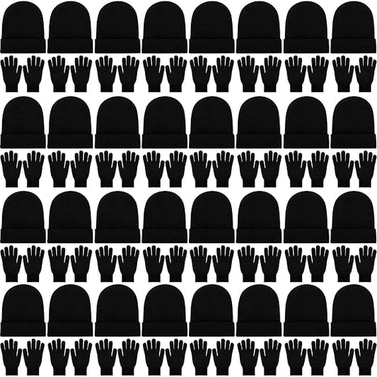64 Pcs Warm Knit Glove Hat Bulk Windproof Cap Gloves Set Winter Beanies Gloves Pack for Men and Women