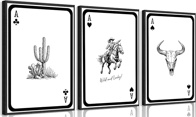 3Pcs Western Cowgirl Wall Art Aesthetic Black and White Cactus Longhorn Bull Skull Painting Picture Wall Decor Vintage Southwestern Desert Poster Print Artwork for Living Room Bedroom Home Decoration