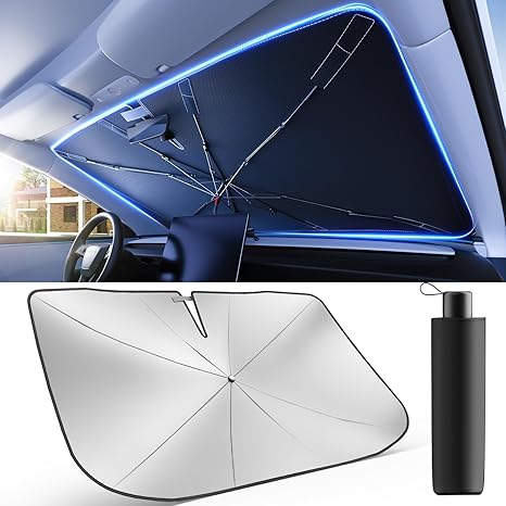 [2025 Upgrade] Weektic Windshield Sun Shade Umbrella for Car [Ultimate Cooling & Urethane Coated] Car Sun Shade Protect Interior from Sun Rays & Keep Cool Medium (57" L x 31" W)