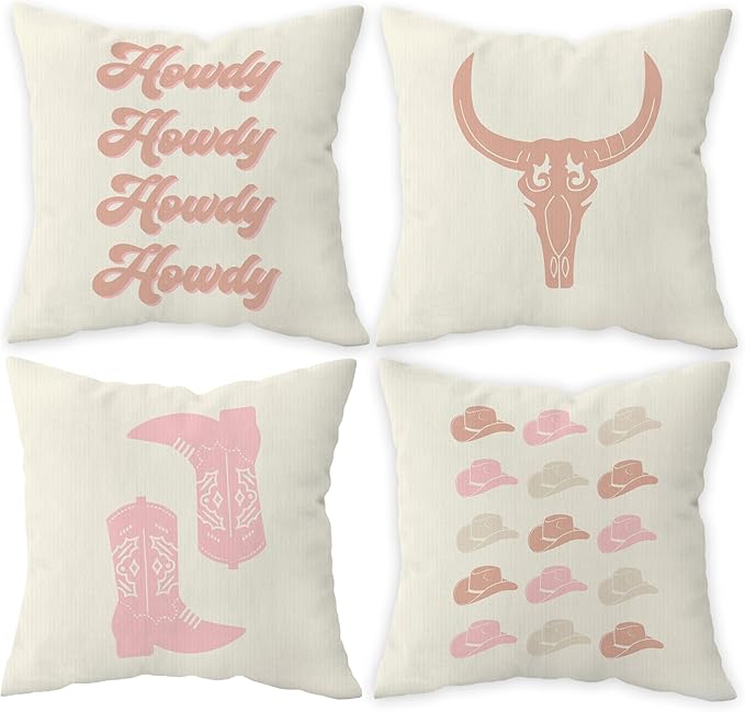 Retro Beige Preppy Howdy Bull Skull Cowgirl Boot Hat Decorative Throw Pillow Covers,Preppy Pillow Case Covers for Home Preppy Room Dorm Decor,Teen Girls Gifts,18×18 Inch Set of 4