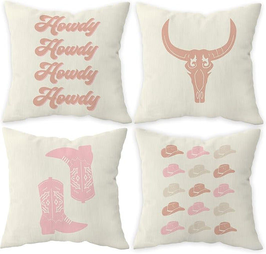 Retro Beige Preppy Howdy Bull Skull Cowgirl Boot Hat Decorative Throw Pillow Covers,Preppy Pillow Case Covers for Home Preppy Room Dorm Decor,Teen Girls Gifts,18×18 Inch Set of 4