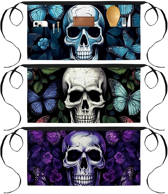 3 Pack Waist Aprons with 3 Pockets, Watercolor Skull Butterfly Waiter Server Half Aprons for Women Men