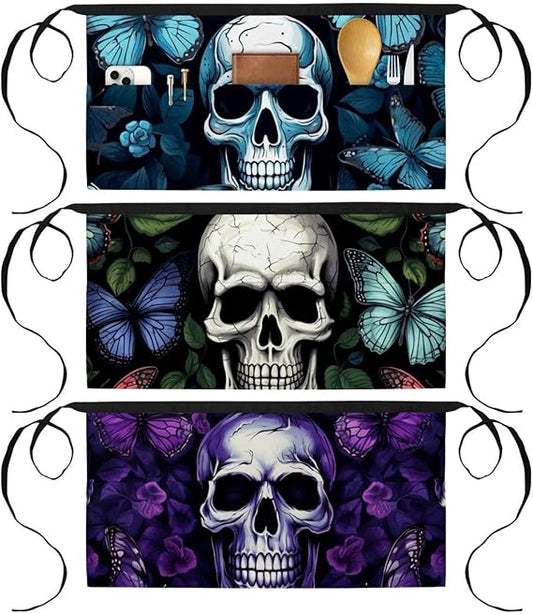 3 Pack Waist Aprons with 3 Pockets, Watercolor Skull Butterfly Waiter Server Half Aprons for Women Men