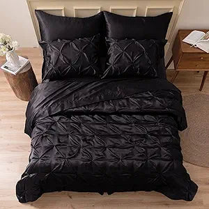 MR&HM Satin Comforter Queen 7 Pieces - Luxurious Pinch Pleat Bedding Set with Comforter, Flat Sheet, Fitted Sheet, Pillowcases & Shams, Super Silky Soft Bed Set for All Season (Queen, Black)