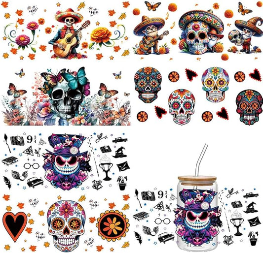UV DTF Cup Wrap Transfer Stickers for Glass,6 Sheets Skull Cup Rub on Transfers for Crafting Cup Decal Stickers for 16OZ Libbey Glass Cups Furniture Craft Wood DIY Crafts Creative Halloween Gifts