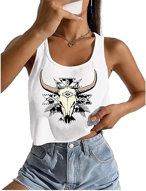 Cowgirl Tank Tops for Women Cute Western Graphic Crop Top Sexy Sleeveless Cow Skull Top Country Concert Tee Shirt