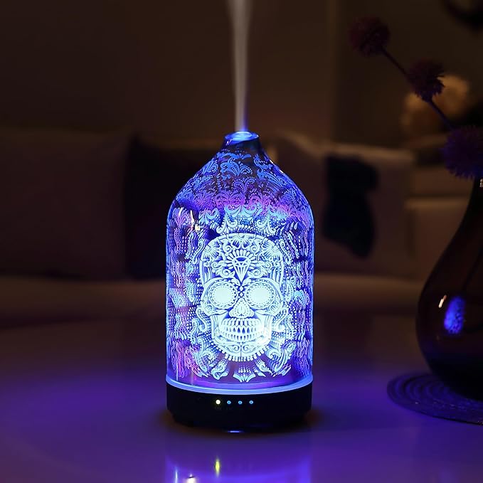 Halloween Skull Aromatherapy Diffuser 3D Glass ultrasonic Cool Mist Scent Essential Oil Diffuser Humidifier with Intermittent Mist & LED 7 Colorful Changing Night Light for Bedroom Office Home Décor