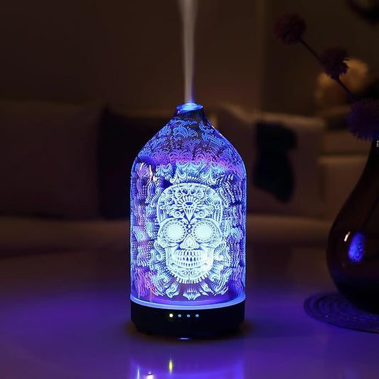 Halloween Skull Aromatherapy Diffuser 3D Glass ultrasonic Cool Mist Scent Essential Oil Diffuser Humidifier with Intermittent Mist & LED 7 Colorful Changing Night Light for Bedroom Office Home Décor