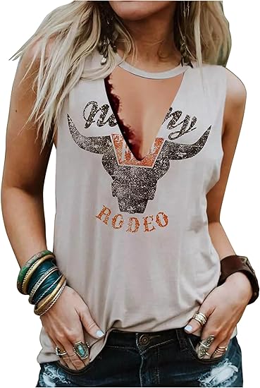 Summer Deep V Neck Tank Tops for Women Western Country Sleeveless Tee Shirts Teen Girls Sexy Casual Concert Tops Outfits