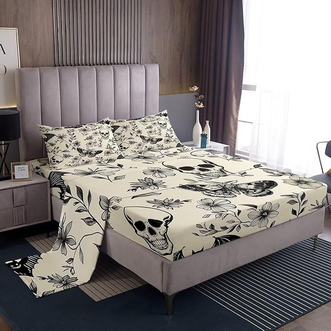 Gothic Skull Bed Sheets Sets Full Size Kids Boys Girls Boho Moth Bedding Set Floral Flower Bed Sheet Set with 16-Inch Deep Pockets Spooky Halloween 4Pcs with 2 Pillow Cases