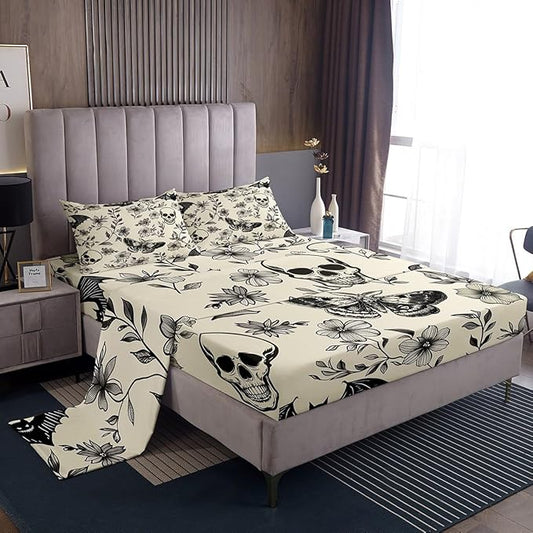 Gothic Skull Bed Sheets Sets Full Size Kids Boys Girls Boho Moth Bedding Set Floral Flower Bed Sheet Set with 16-Inch Deep Pockets Spooky Halloween 4Pcs with 2 Pillow Cases