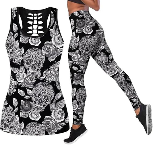 Women’s Sugar Skull Yoga Outfits for Women 2 Piece Sets, Fall Tank Tops Leggings Workout Activewear for Girls