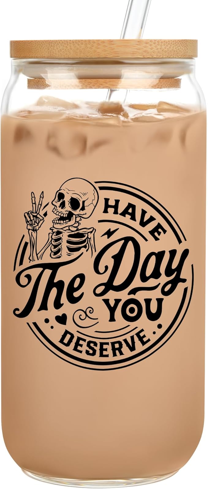 Funny Skeleton Glass Cups with Lids and Straws, Novelty Cute Skull Coffee Mug Tumbler Cup, Gothic Home Decor, Goth Kitchen Accessories, Emo Stuff, Spooky Witch Witchy Birthday Gifts for Women