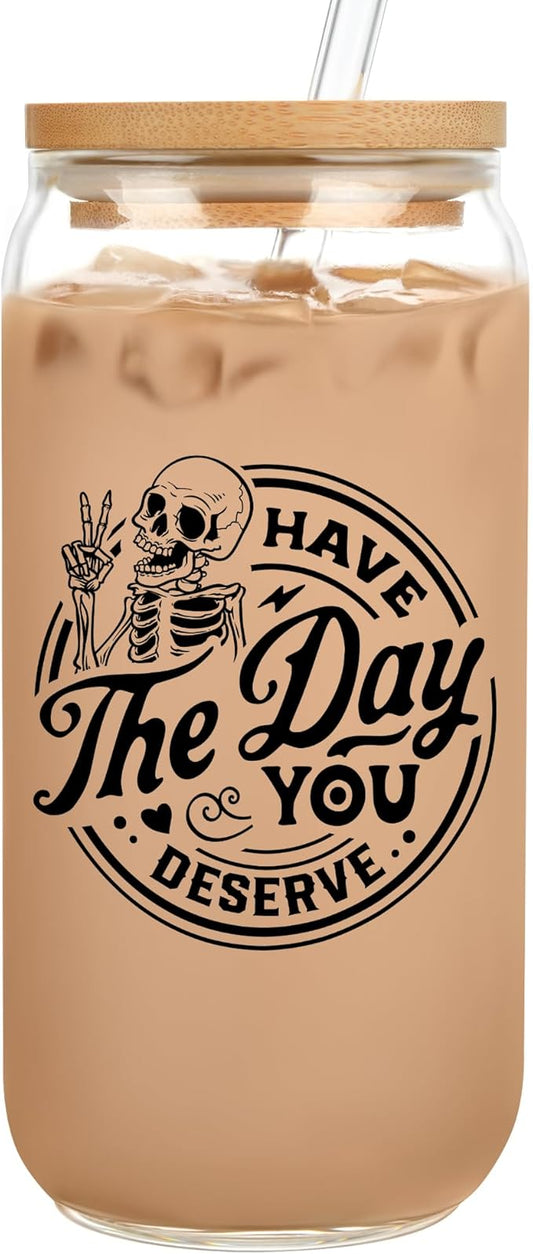 Funny Skeleton Glass Cups with Lids and Straws, Novelty Cute Skull Coffee Mug Tumbler Cup, Gothic Home Decor, Goth Kitchen Accessories, Emo Stuff, Spooky Witch Witchy Birthday Gifts for Women