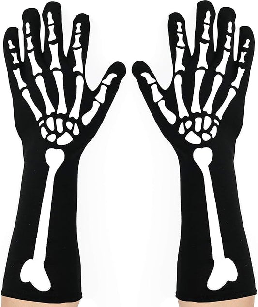 Bone Hand Skeleton Gloves - Skeleton Accessories Stretch Elbow Gloves for Adults and Kids