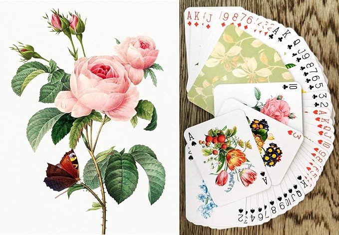 Flowers Roses Playing Cards (Poker Deck 54 Cards All Different) Vintage Graden Flowers Roses Wildflowers Engraving Painting by Redoute