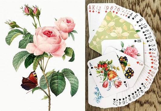 Flowers Roses Playing Cards (Poker Deck 54 Cards All Different) Vintage Graden Flowers Roses Wildflowers Engraving Painting by Redoute