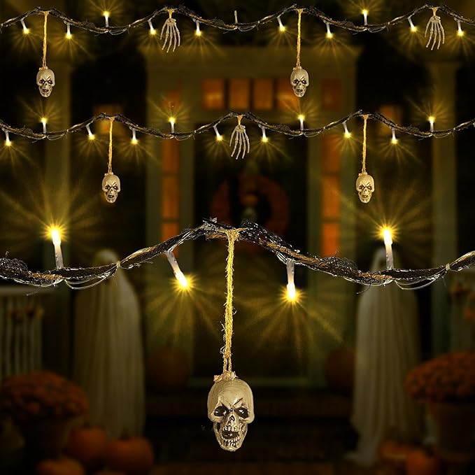 Halloween Indoor Outdoor 6FT Lights Decor, 26LED Hanging Skeleton Bone Hand String Lights, Battery Operated Spooky Halloween Wreath Door, Patio, Party Decoration