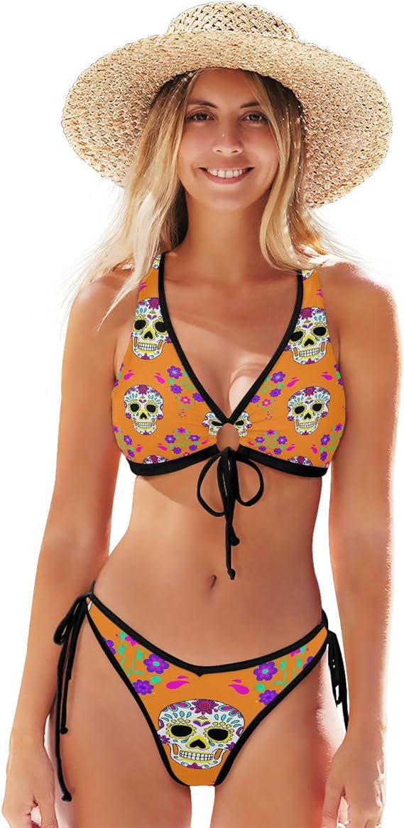 Colored Sugar Skull Bikini Set for Women Two Piece Sexy O-Ring String Triangle Swimsuit for Summer Beach