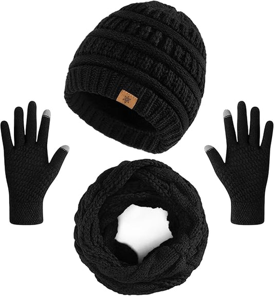 Winter Beanie Hat Scarf Gloves Set, Thick Warm Knit Winter Skull Cap Touch Screen Gloves Neck Scarf for Women Men