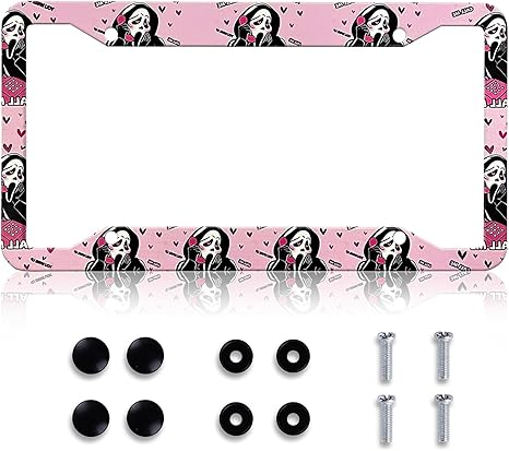 LIN KANG Ghost Skull Face License Plate Frames, Pink Scream Aluminum Metal License Plate Holder Covers, Rust-Proof Waterproof Car Decorative Tag Frames for Standard US 12x6 Inch