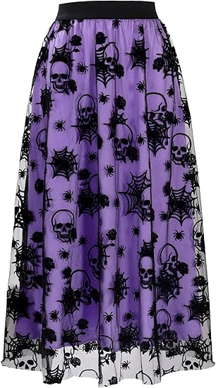 Halloween Tulle Skirt Women Pumpkin Elastic Waist Layered Mesh Midi Halloween Witch Skirt